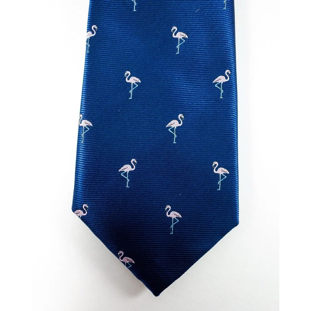 Banana Republic Silk Tie, Navy Repp Tie Embroidered Pink Flamingos, Modern 3x59